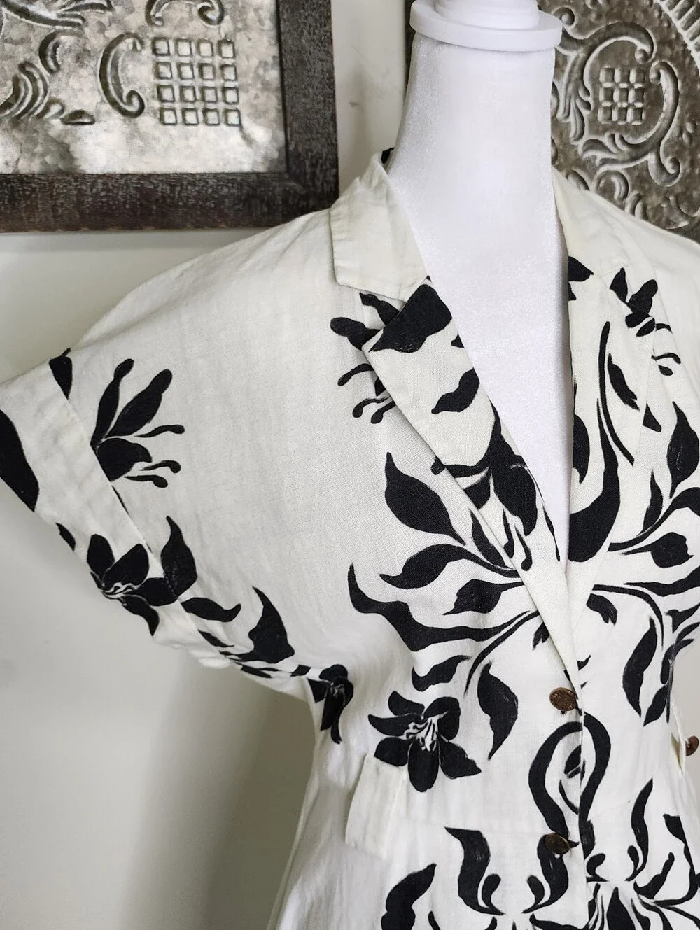 Zara Cream & Black Floral Linen Blend Button-Front Fit-and-Flare Dress Large - Picture 6 of 16